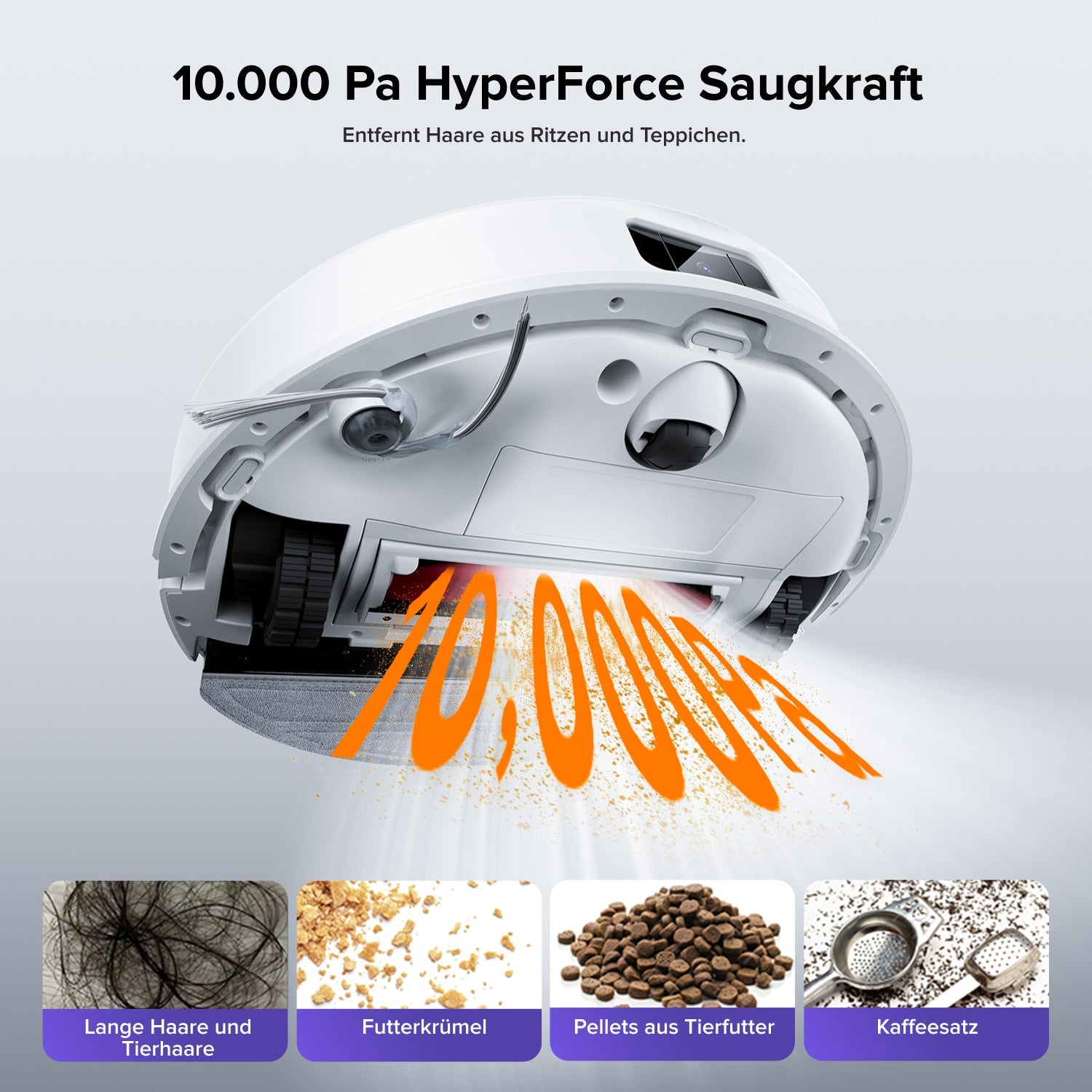 Roborock Q10 S5+ mit 10.000 Pa HyperForce-Saugkraft zur Aufnahme von Alltagsschmutz
