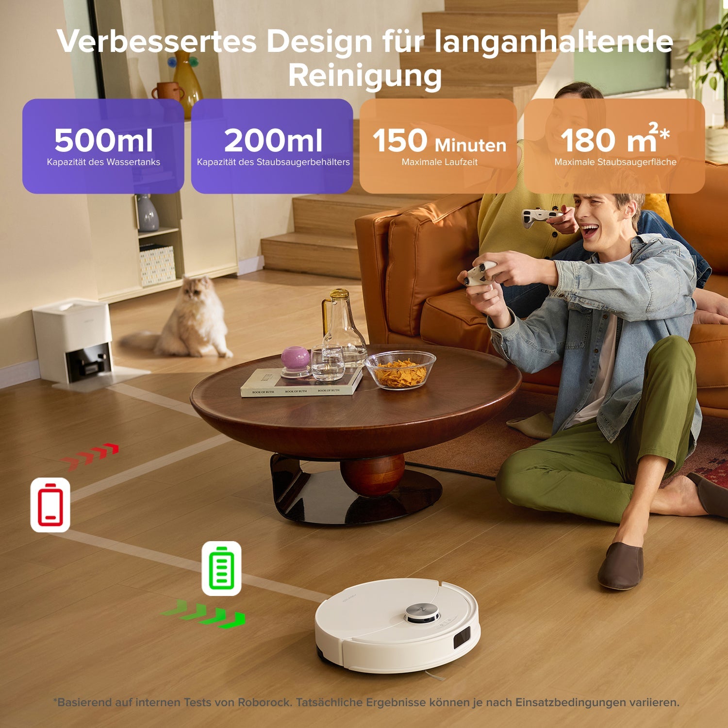 Roborock Q10 S5+ mit Reactive-Tech-Hinderniserkennung beim Reinigen eingerichteter Räume