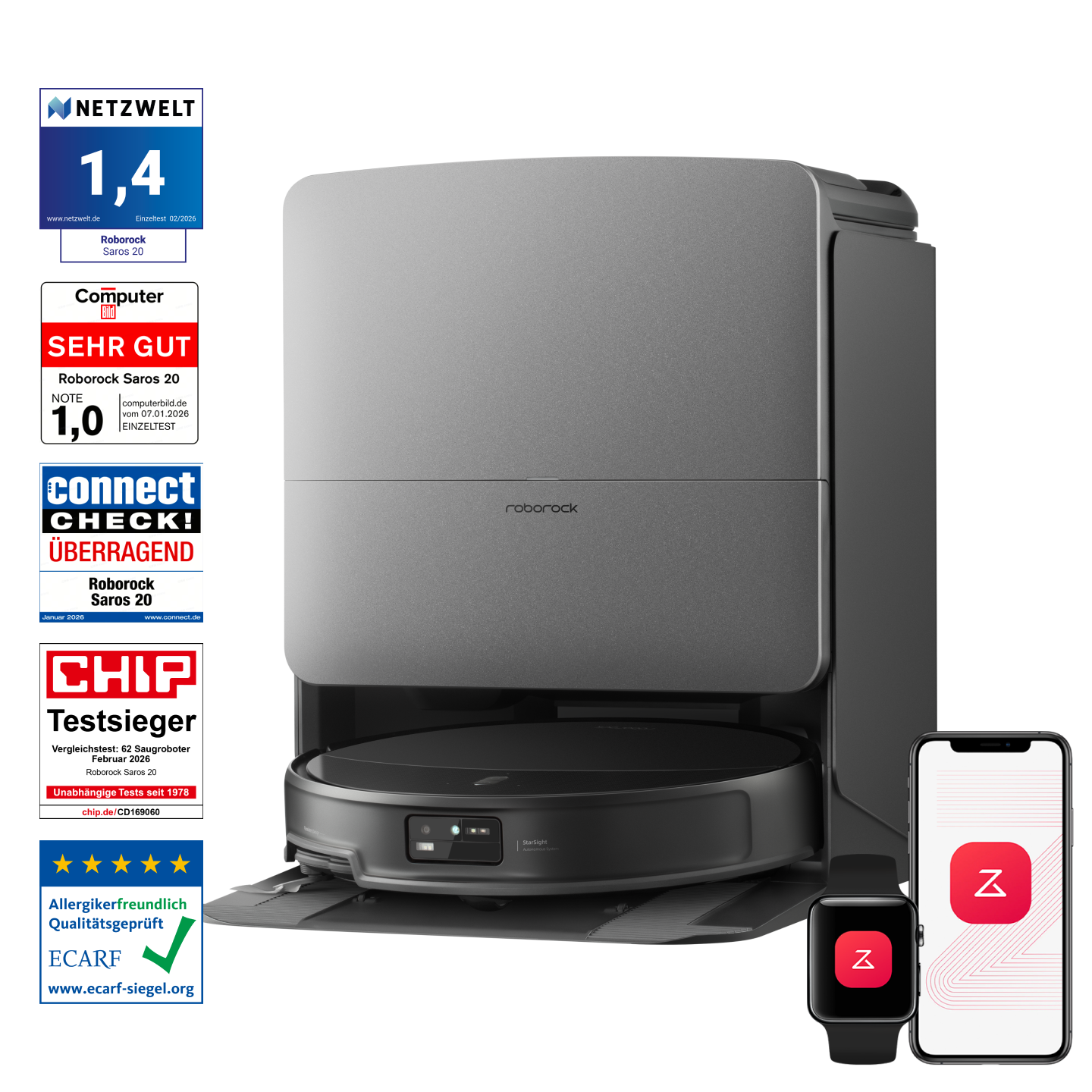 Roborock Saros 20 Saug- und Wischroboter mit RockDock Multifunktions-Dock – Produktansicht