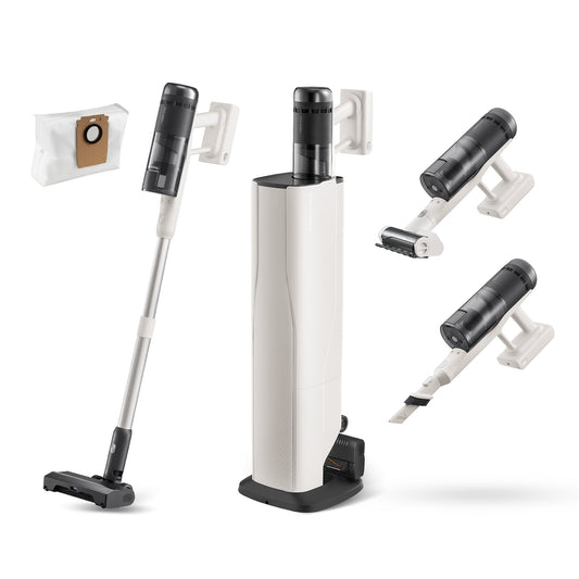 Roborock H60 Akku-Staubsauger mit Absaugstation und Zubehörübersicht