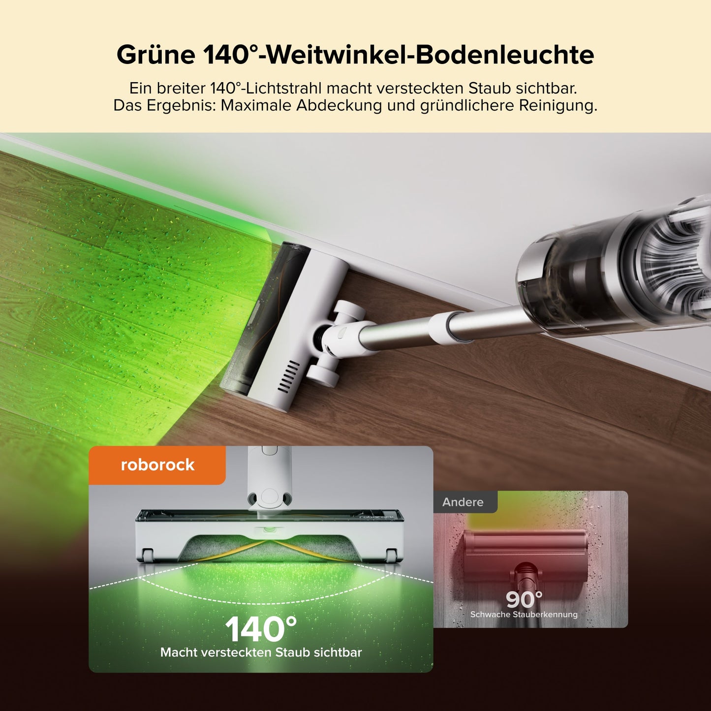 Roborock H60 Hub Akku-Staubsauger – Detailansicht der motorisierten Bodendüse bei der Bodenreinigung