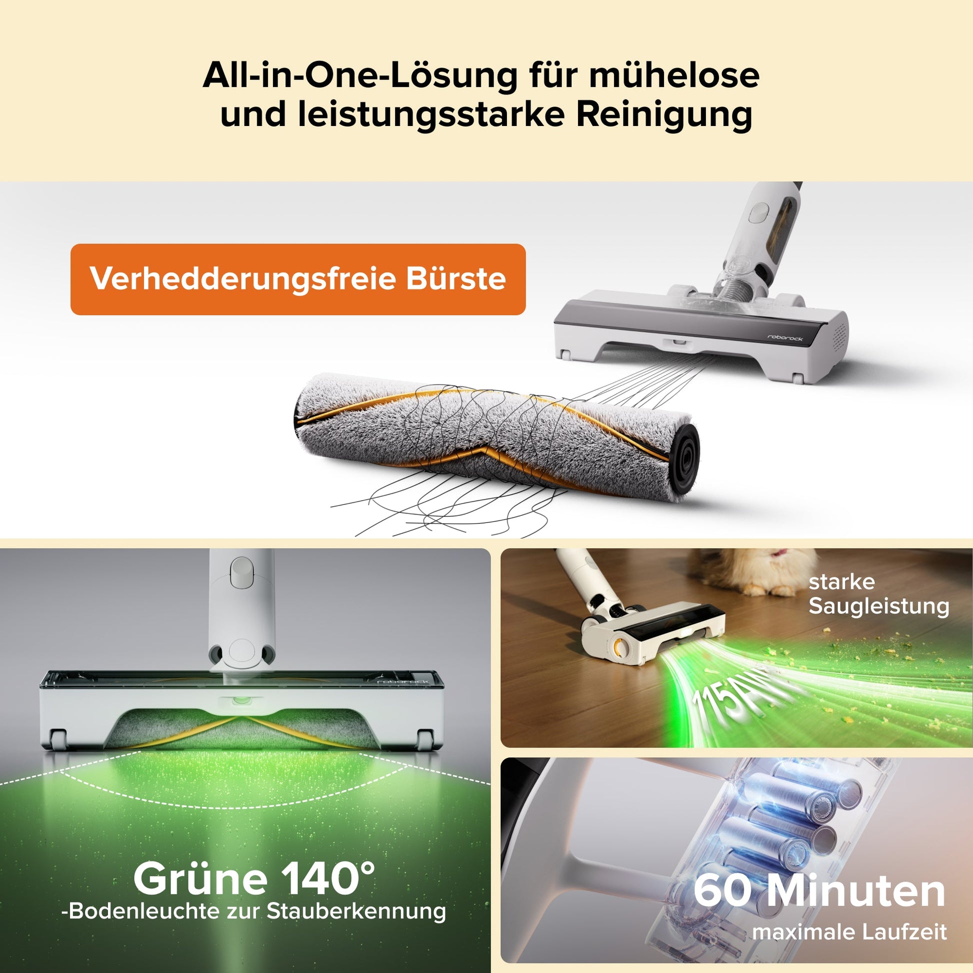 Roborock H60 Hub Akku-Staubsauger mit grüner Bodenbeleuchtung für die Reinigung von Hartböden