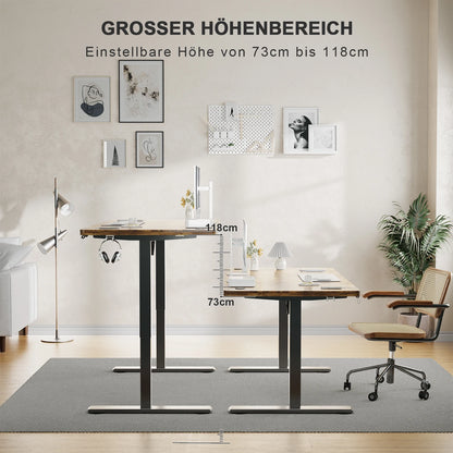 Elektrisch höhenverstellbarer Schreibtisch – Darstellung verschiedener Arbeitshöhen für Sitzen und Stehen