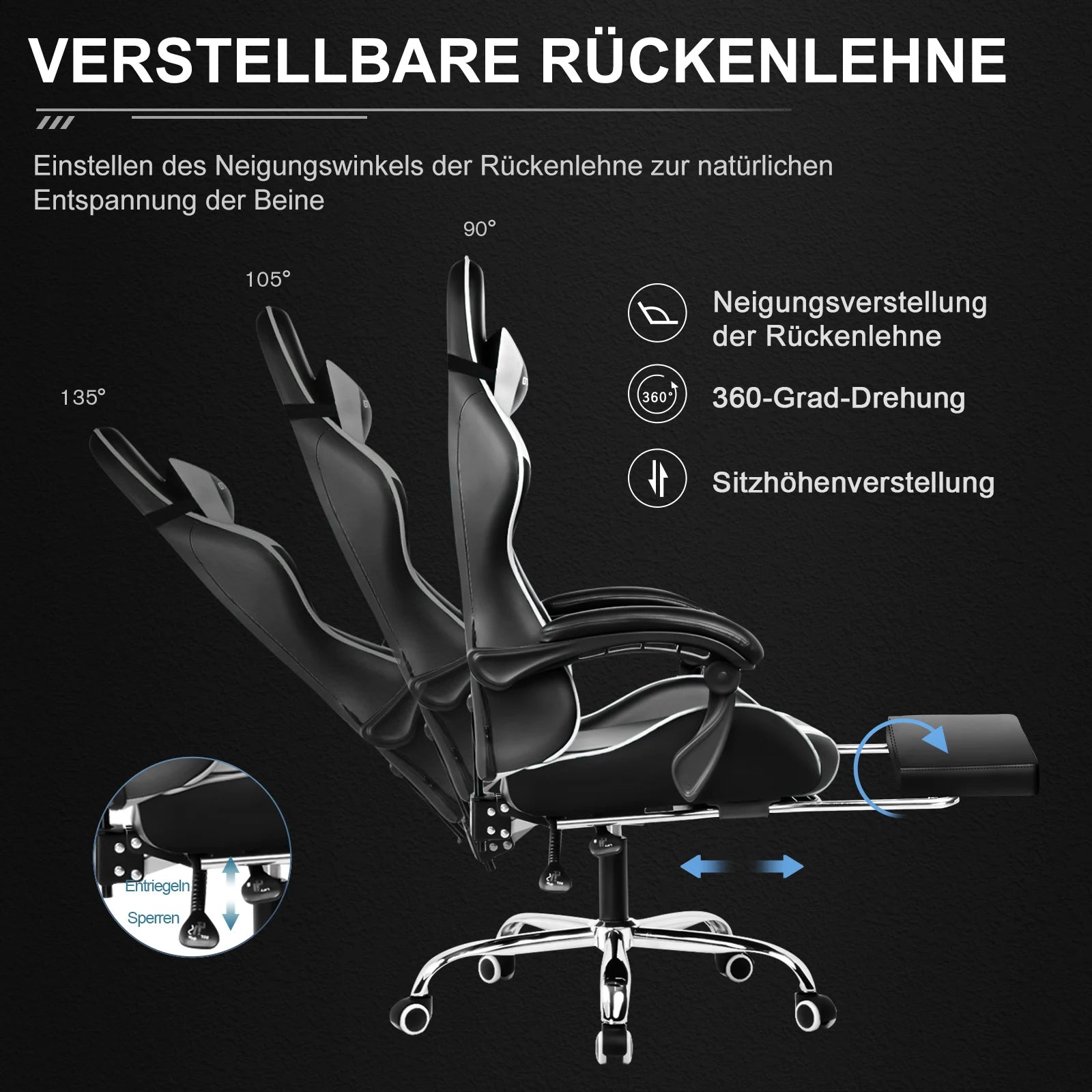 Gaming-Stuhl mit Massage – verstellbare Rückenlehne von 90° bis 135°