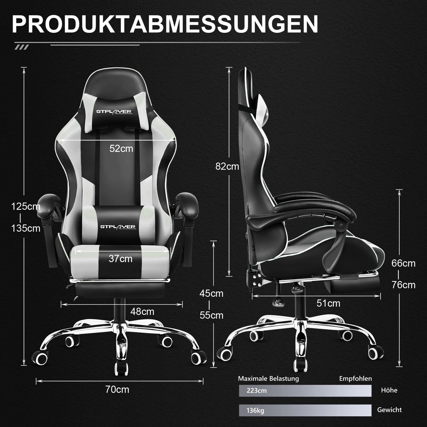 Gaming-Stuhl mit Massage – Abmessungen und Verstellmöglichkeiten