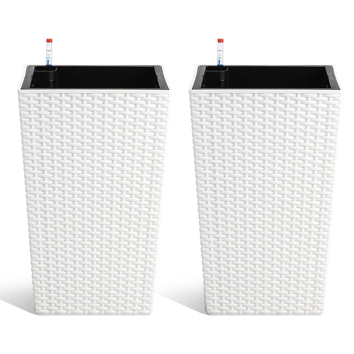 2er Set Selbstbewässernde Blumentöpfe mit Wasserstandsanzeige – 40 cm Rattan-Optik Pflanzgefäße für Innen & Außen, Wetterfest, Weiß