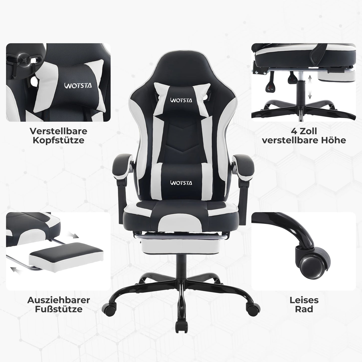 Ergonomischer Gaming Stuhl mit Fußstütze – Höhenverstellbarer Bürostuhl mit Lendenkissen & Kopfstütze