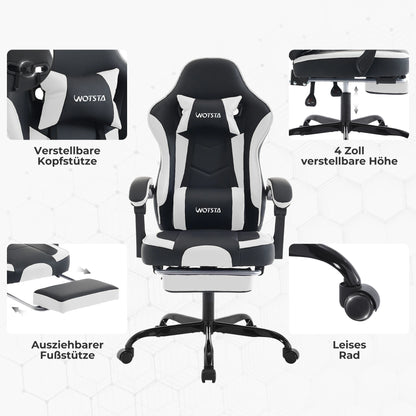 Ergonomischer Gaming Stuhl mit Fußstütze mit Lendenkissen und Kopfstütze