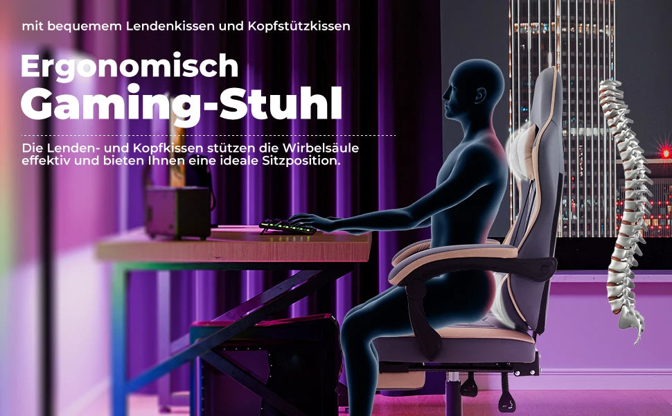 Ergonomischer Gaming Stuhl mit Fußstütze – Höhenverstellbarer Bürostuhl mit Lendenkissen & Kopfstütze