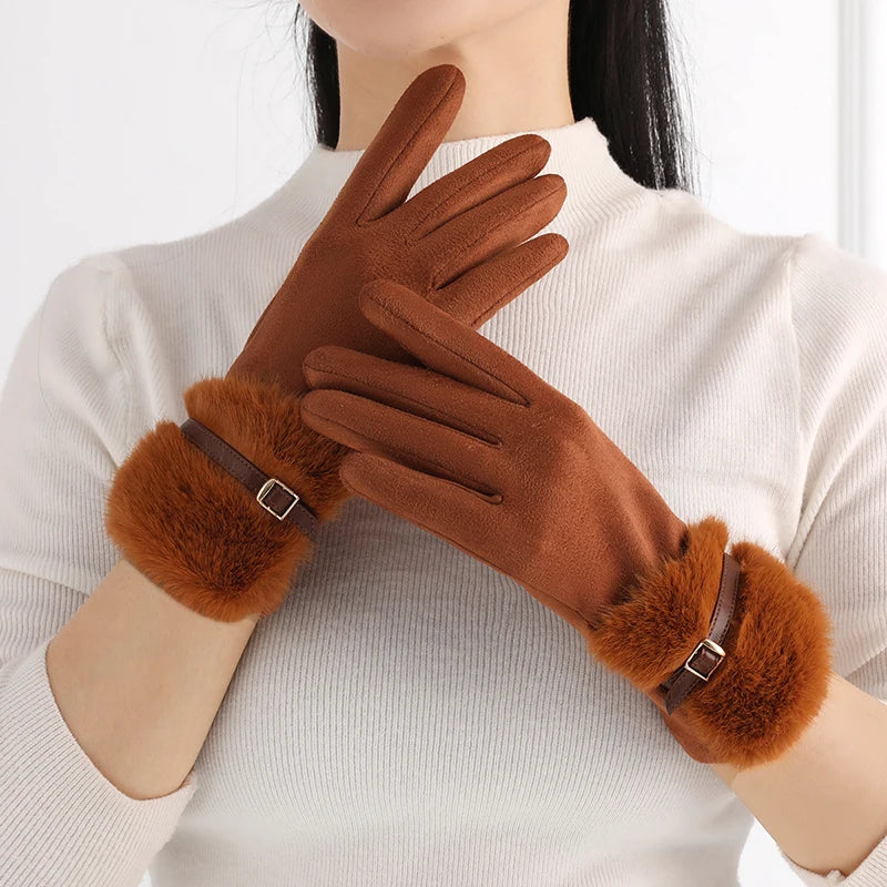 Elegante Damen Winterhandschuhe – warm gefüttert, Touchscreen & Plüschbesatz
