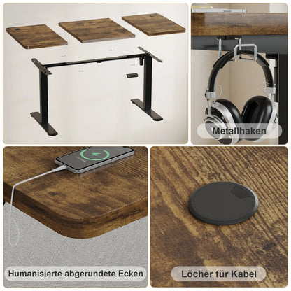 Elektrisch höhenverstellbarer Schreibtisch – Detailansicht von Kabeldurchführungen und Metallhaken