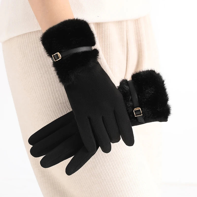 Elegante Damen Winterhandschuhe – warm gefüttert, Touchscreen & Plüschbesatz