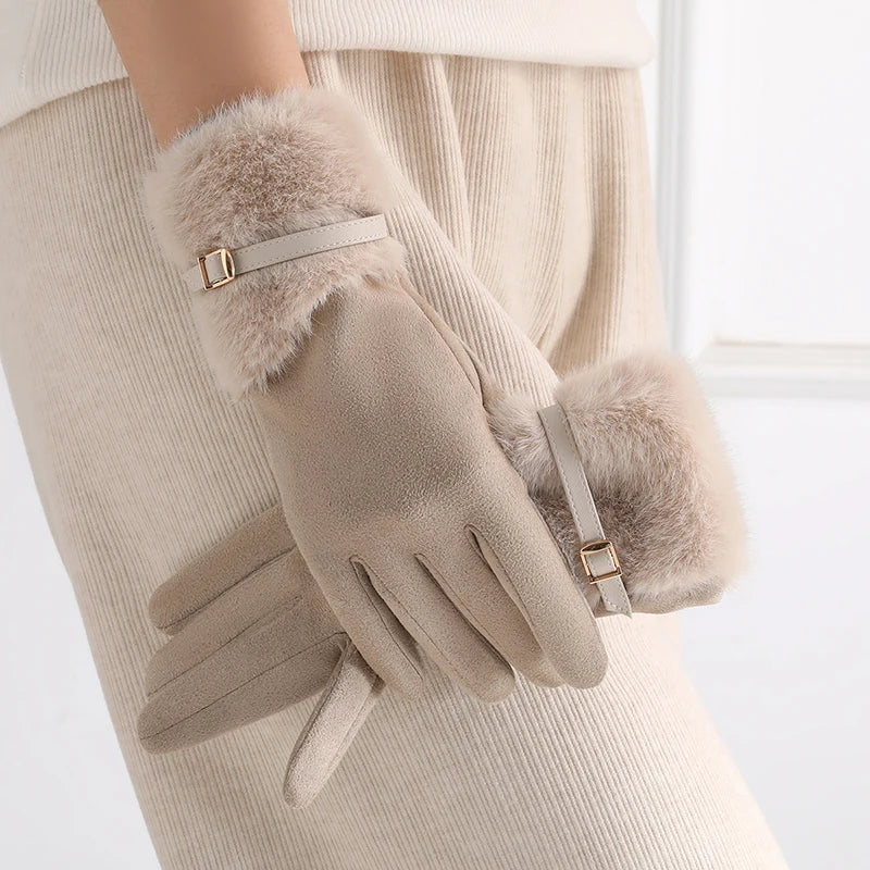 Elegante Damen Winterhandschuhe – warm gefüttert, Touchscreen & Plüschbesatz