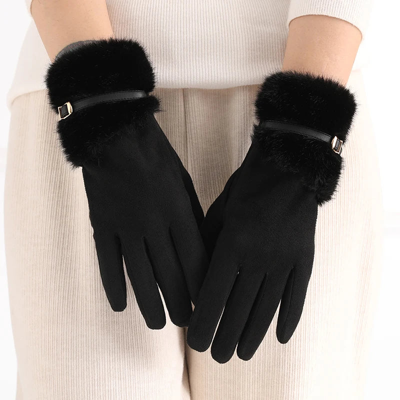 Elegante Damen Winterhandschuhe – warm gefüttert, Touchscreen & Plüschbesatz