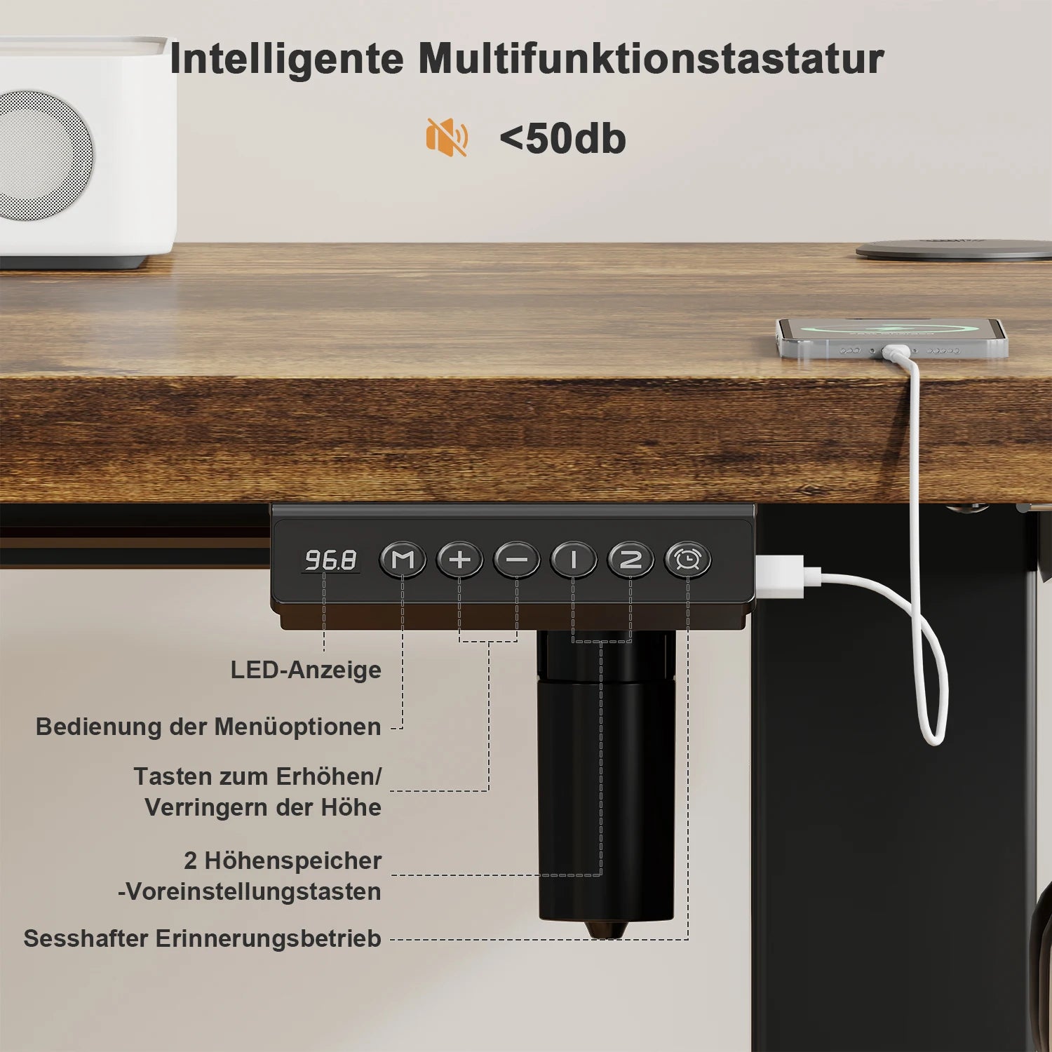 Elektrisch höhenverstellbarer Schreibtisch – Detailansicht von LED-Bedienfeld und Ausstattung