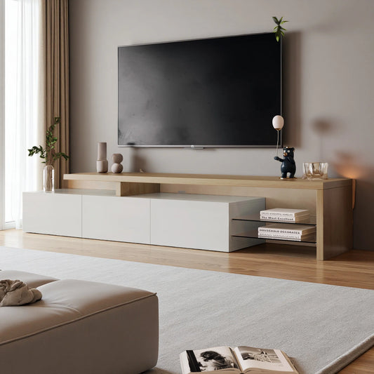 TV Lowboard Weiß Hochglanz mit LED Beleuchtung im Wohnzimmer