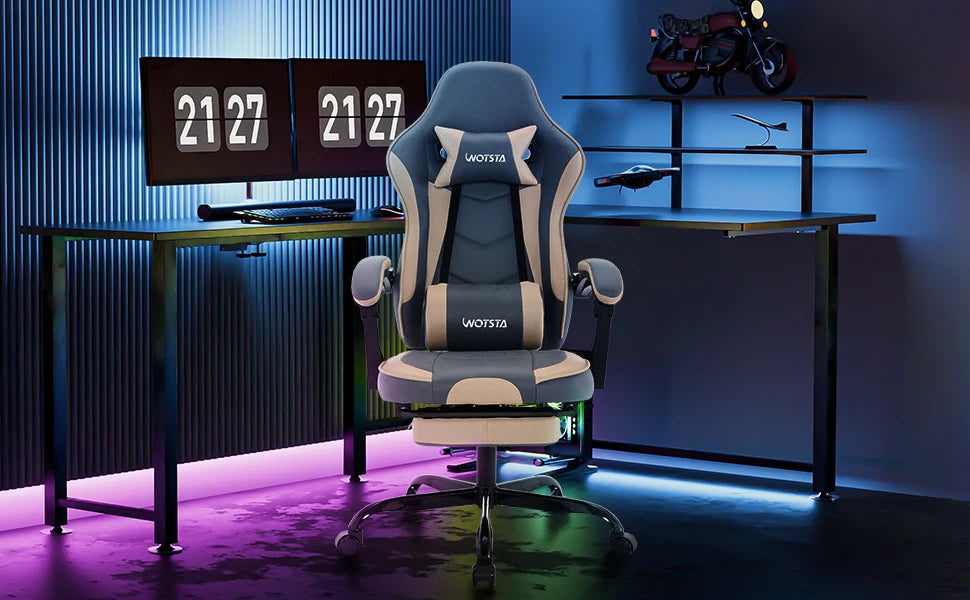 Ergonomischer Gaming Stuhl mit Fußstütze – Höhenverstellbarer Bürostuhl mit Lendenkissen & Kopfstütze