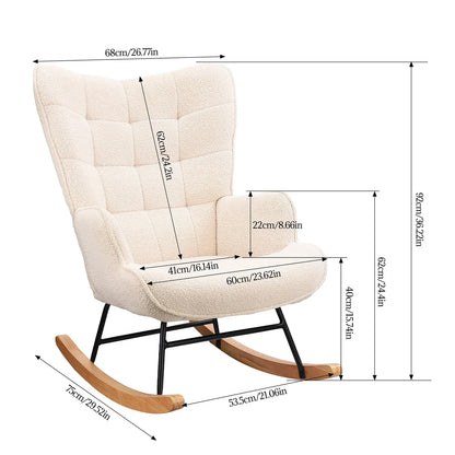 Schaukelstuhl Relaxsessel Teddy-Samt Beige – Moderner Relaxsessel mit weicher Polsterung und elegantem Holzgestell. mit Bemassung