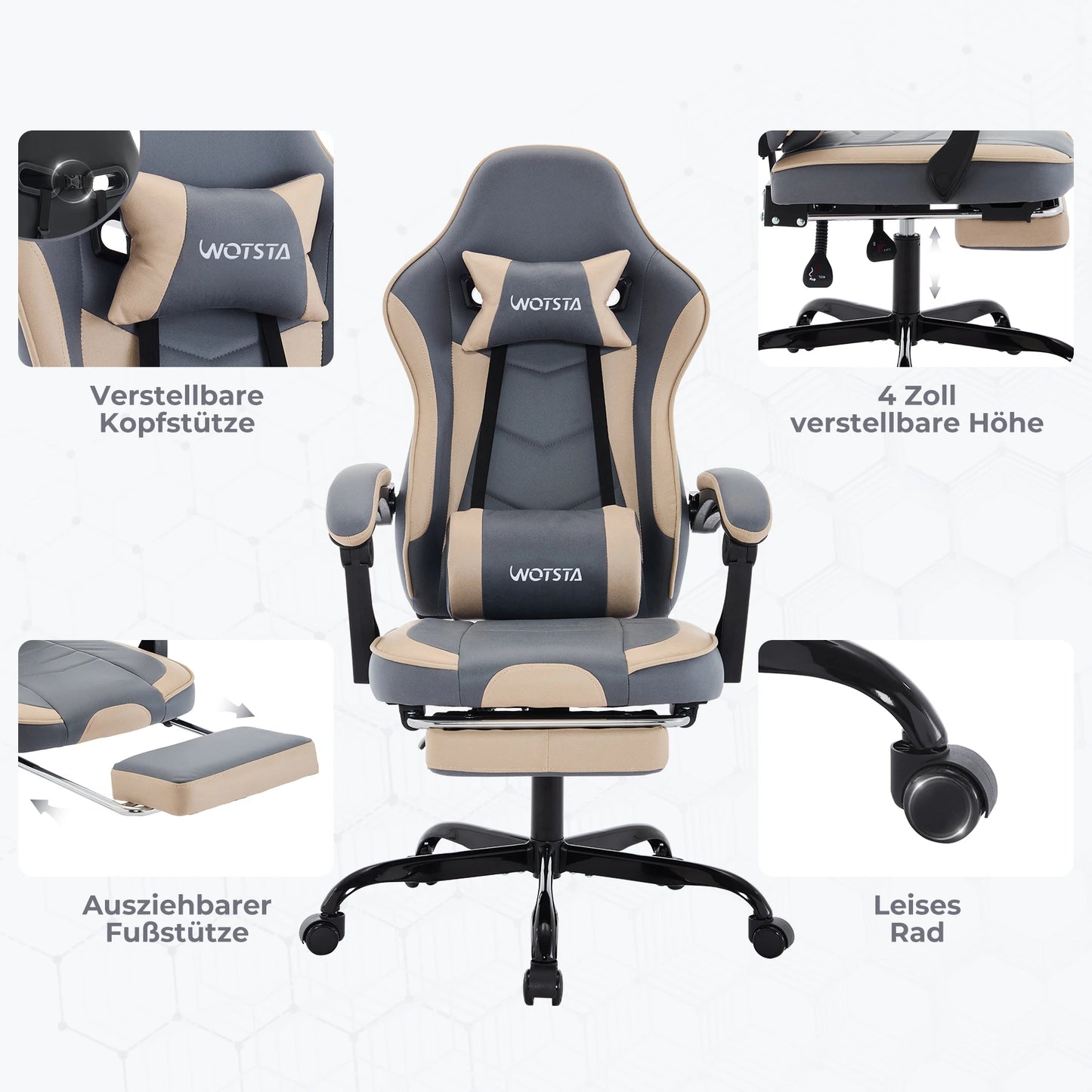Ergonomischer Gaming Stuhl mit Fußstütze – Höhenverstellbarer Bürostuhl mit Lendenkissen & Kopfstütze
