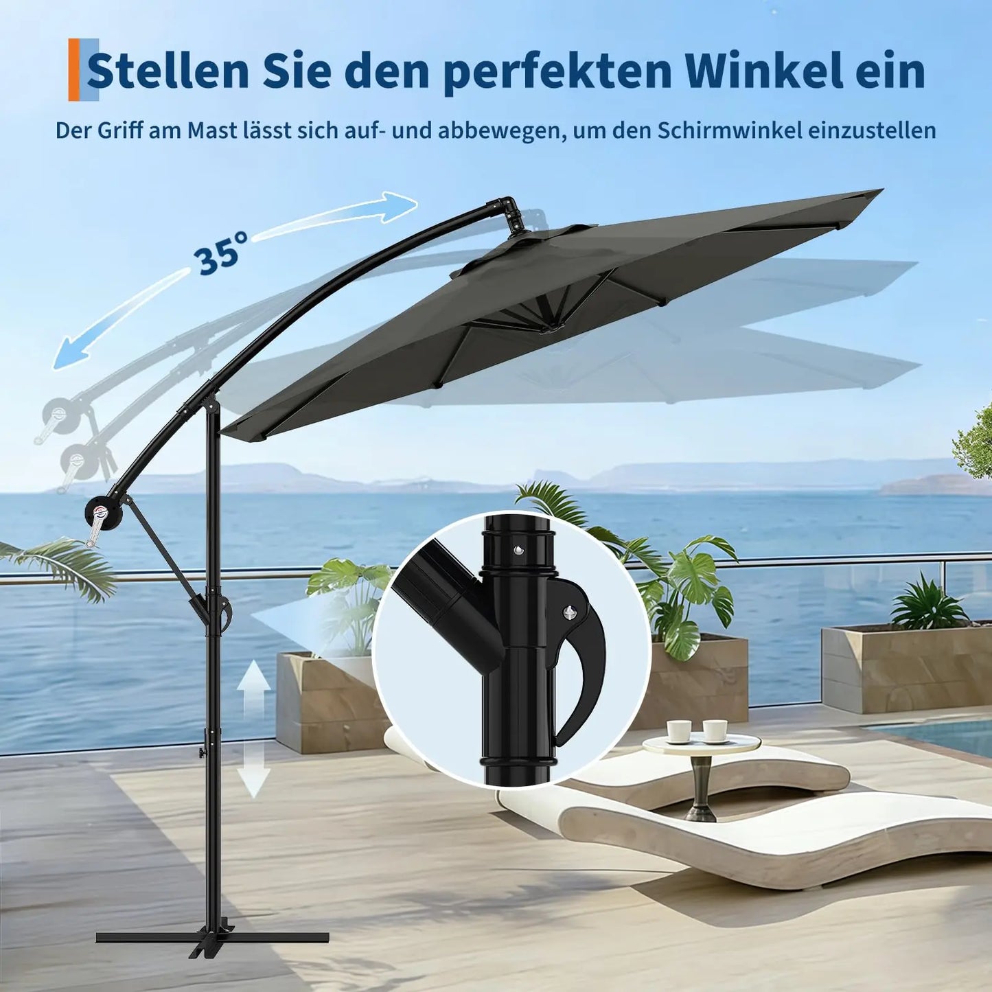 300 cm Freiarm-Sonnenschirm 360° drehbar – Ampelschirm mit Kurbel & Neigefunktion, wasserfest & UV-Schutz, Gartenschirm mit Ständer für Terrasse & Balkon