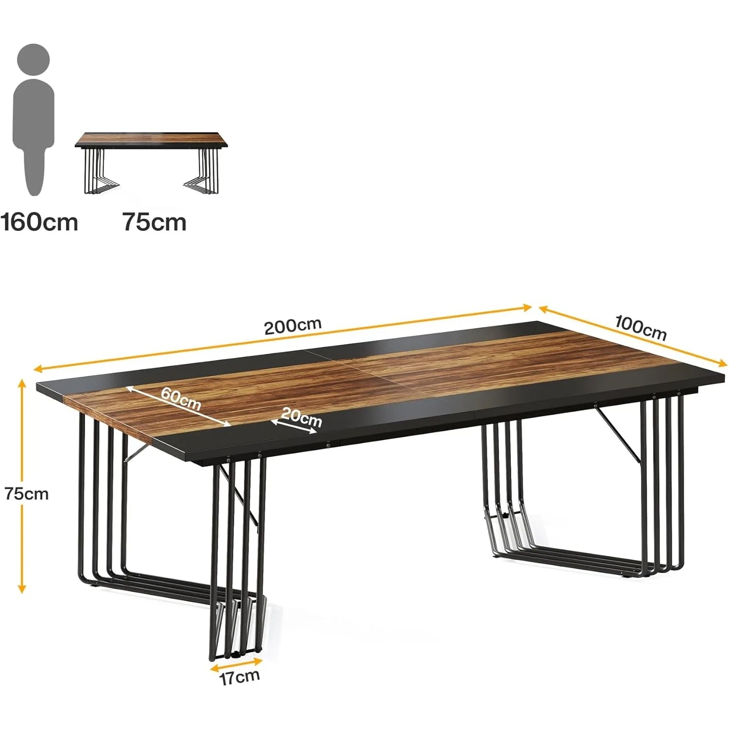 Großer Esstisch 200 × 100 cm – Produktansicht mit Maßangaben und schwarzem Metallgestell
