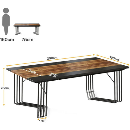 Großer Esstisch 200 × 100 cm – Produktansicht mit Maßangaben und schwarzem Metallgestell