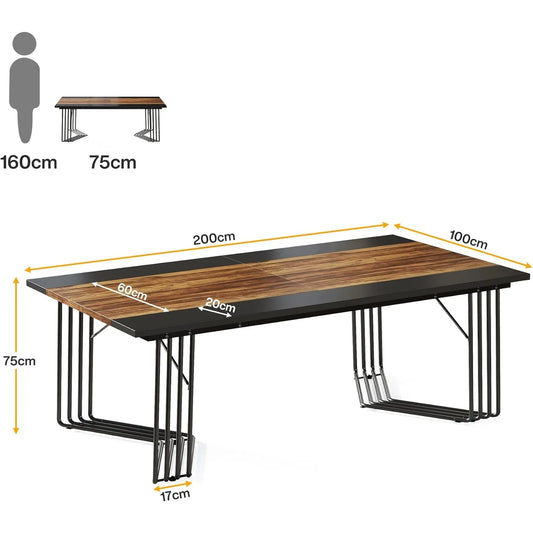Großer Esstisch 200 × 100 cm – Produktansicht mit Maßangaben und schwarzem Metallgestell