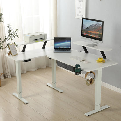Elektrisch höhenverstellbarer L-Schreibtisch 160 × 120 cm in Weiß im eingerichteten Homeoffice