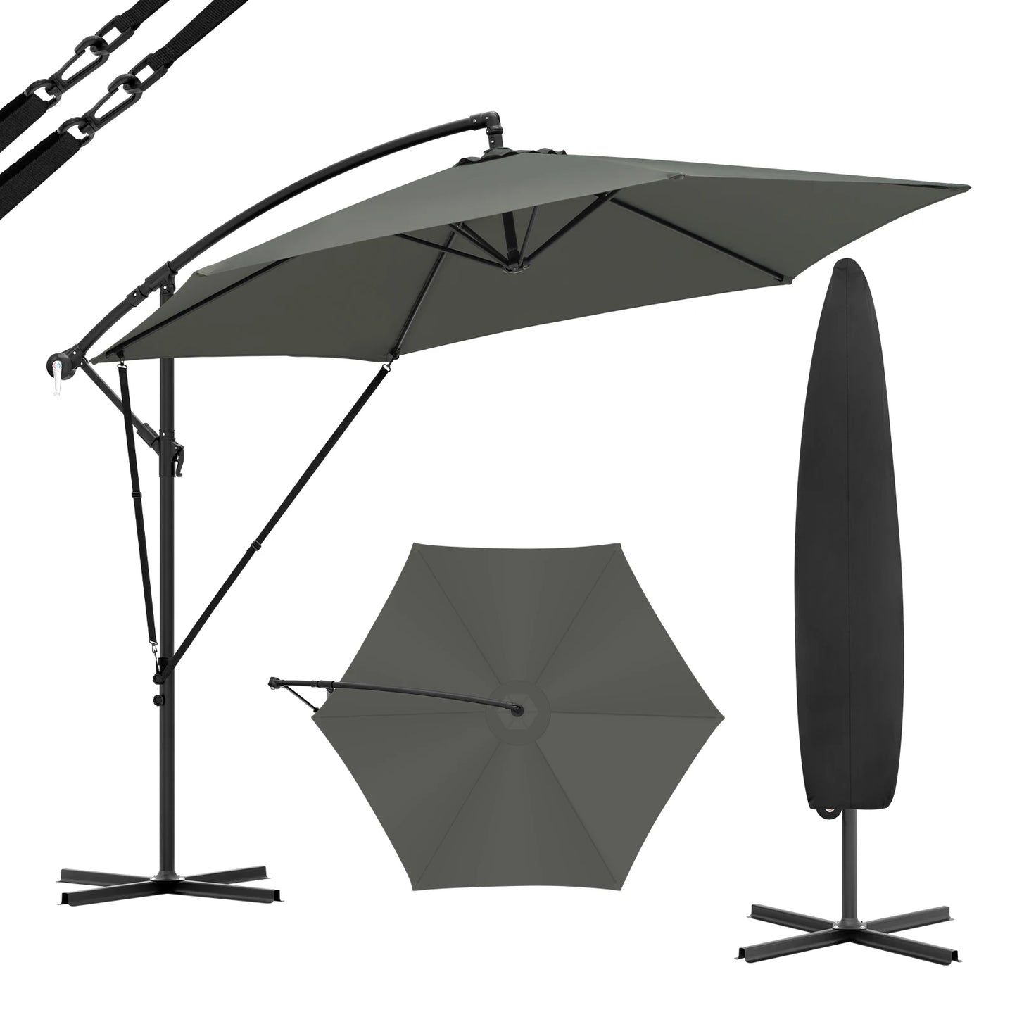 Freiarm Sonnenschirm 310 × 310 cm in dunkler Ausführung mit seitlichem Gestell und Schutzhülle