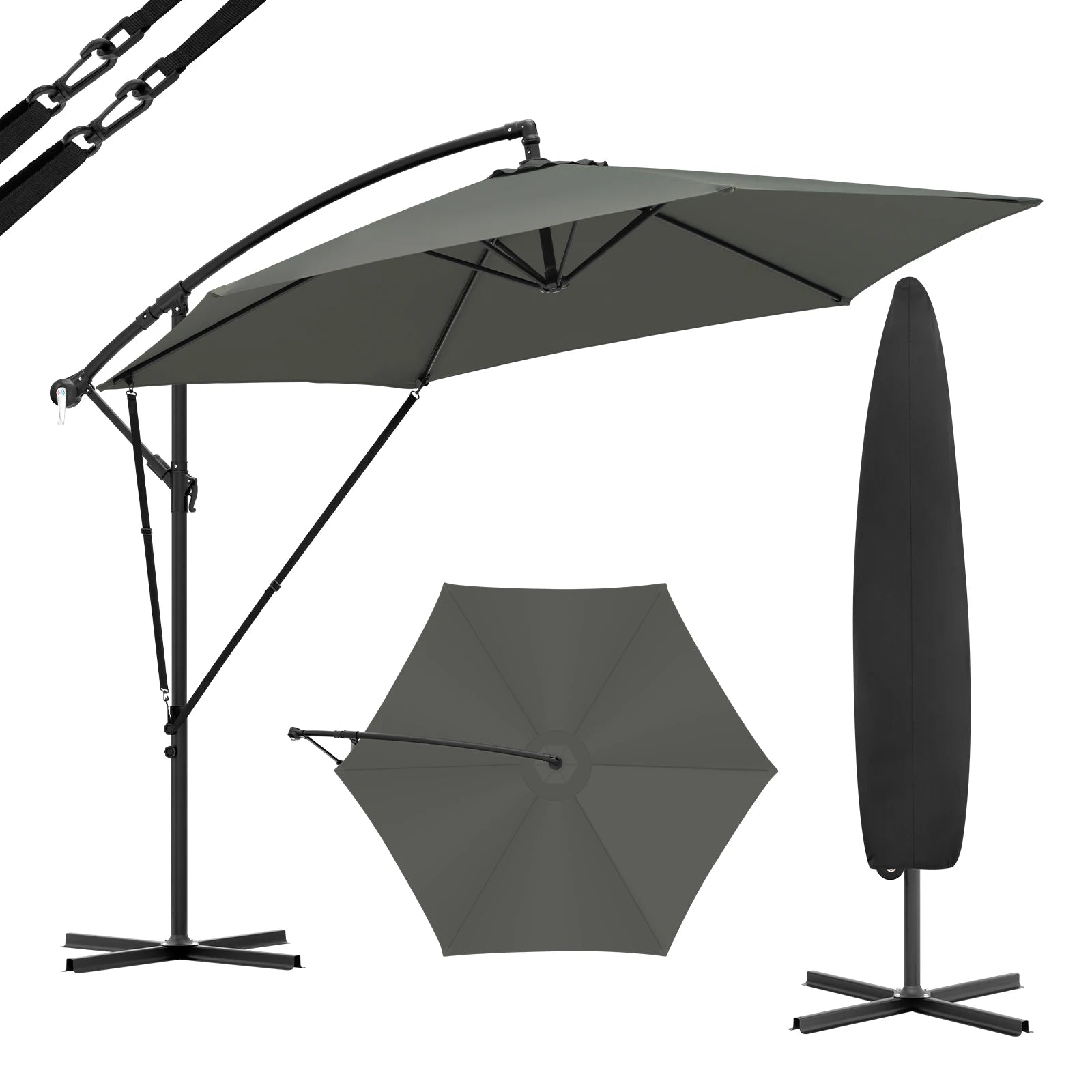 Freiarm Sonnenschirm 310 × 310 cm in dunkler Ausführung mit seitlichem Gestell und Schutzhülle