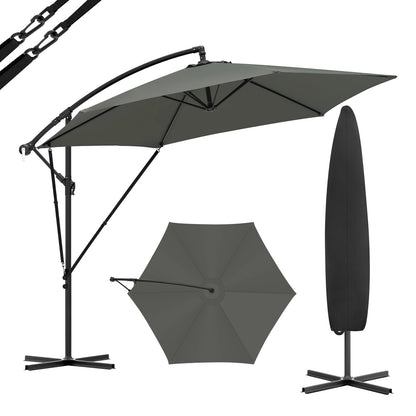 Freiarm Sonnenschirm 310 × 310 cm in dunkler Ausführung mit seitlichem Gestell und Schutzhülle