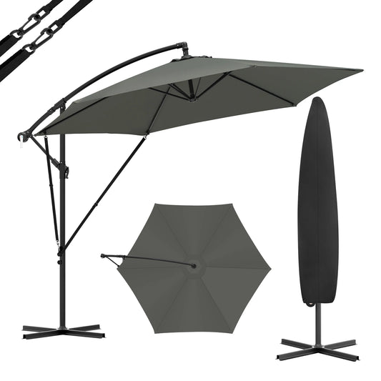 Freiarm Sonnenschirm 310 × 310 cm in dunkler Ausführung mit seitlichem Gestell und Schutzhülle