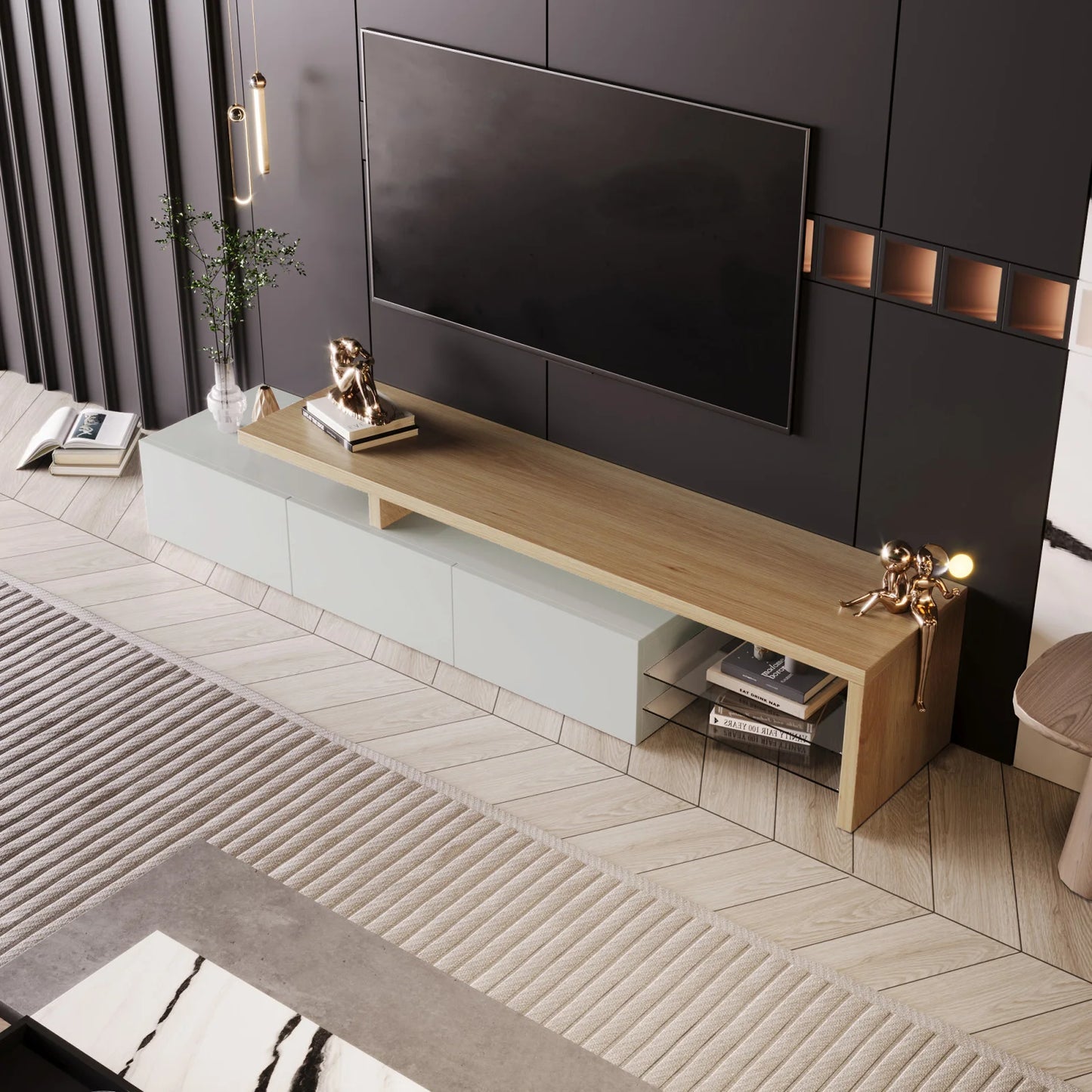 TV Lowboard Weiß Hochglanz mit eleganter Holzoptik und LED