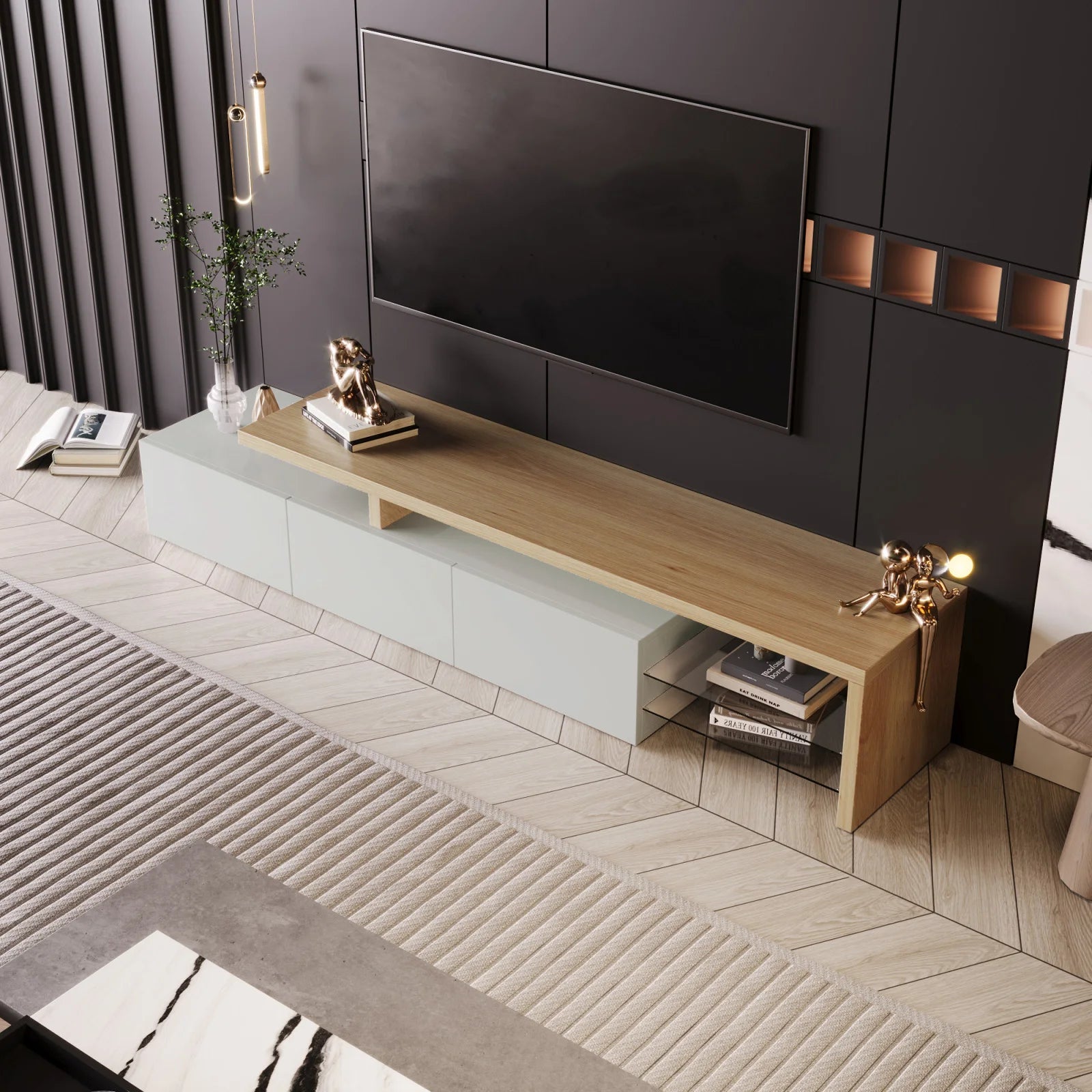 TV Lowboard Weiß Hochglanz mit eleganter Holzoptik und LED