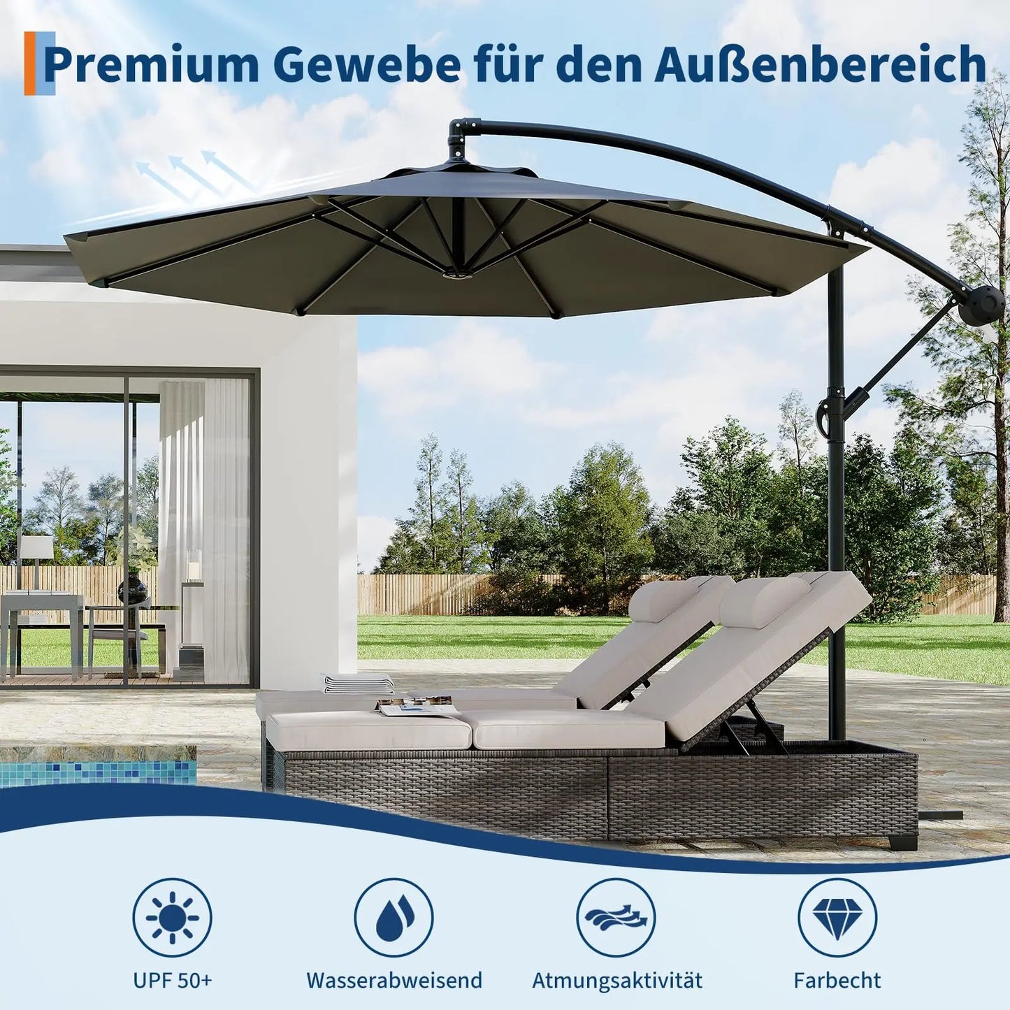 300 cm Freiarm-Sonnenschirm 360° drehbar – Ampelschirm mit Kurbel & Neigefunktion, wasserfest & UV-Schutz, Gartenschirm mit Ständer für Terrasse & Balkon