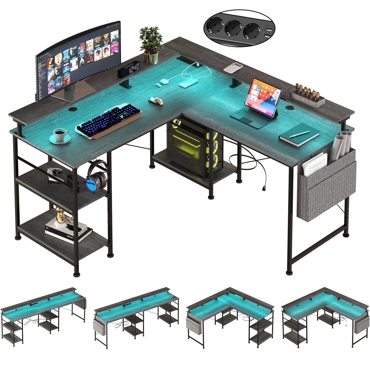 L-förmiger Gaming-Schreibtisch mit Monitoraufsatz, Regalen und RGB-LED-Beleuchtung