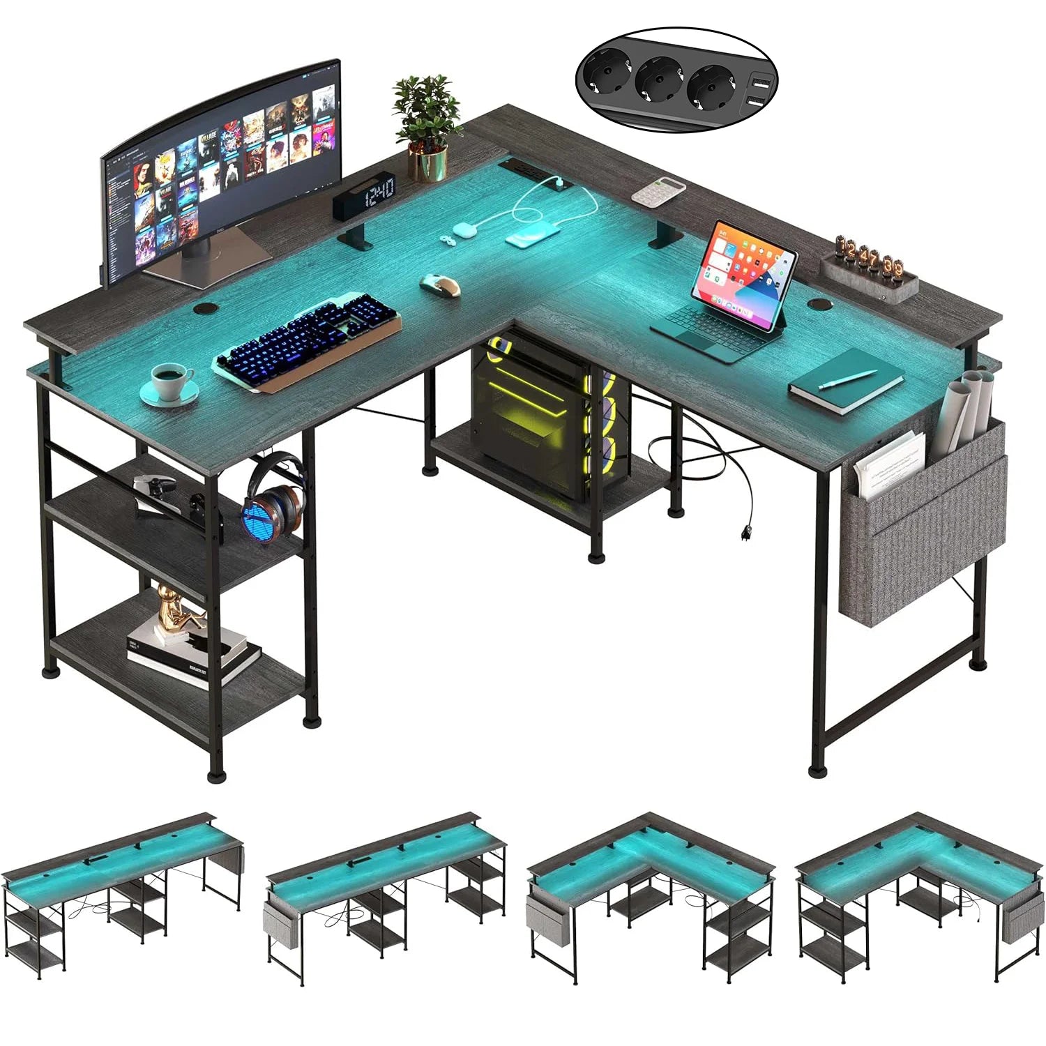 L-förmiger Gaming-Schreibtisch mit Monitoraufsatz, Regalen und RGB-LED-Beleuchtung