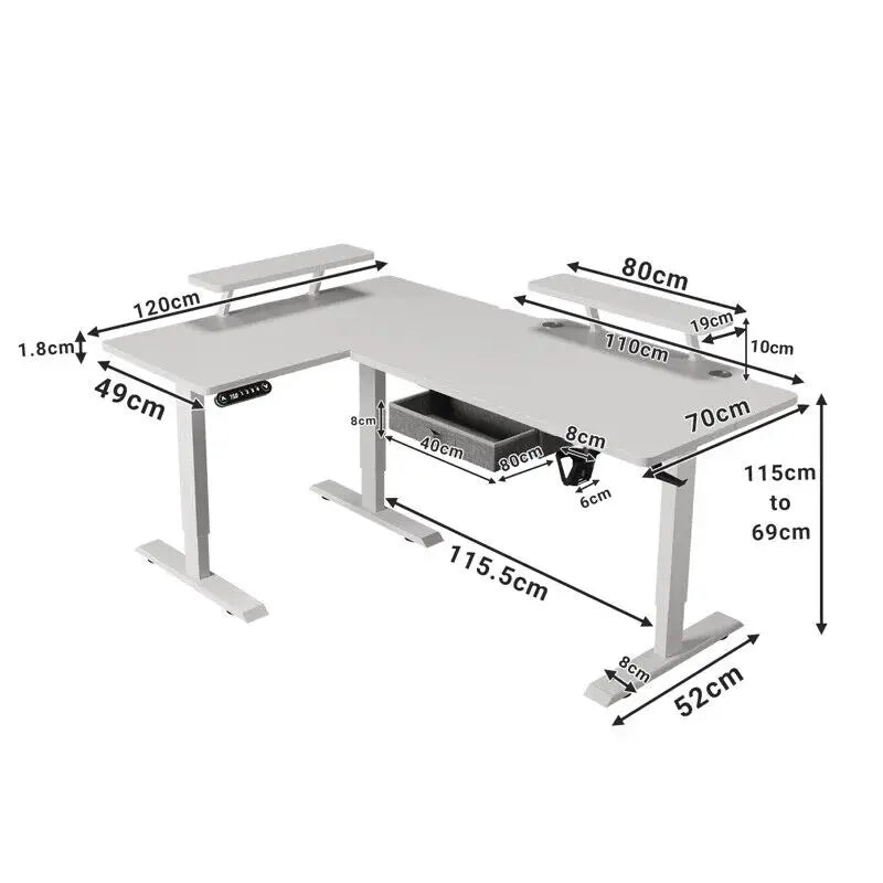 Elektrisch höhenverstellbarer L-Schreibtisch 160 × 120 cm – technische Maßskizze der L-Form