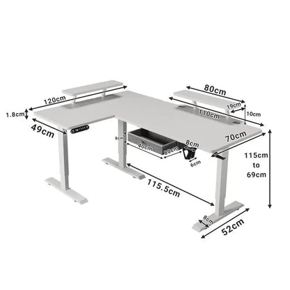 Elektrisch höhenverstellbarer L-Schreibtisch 160 × 120 cm – technische Maßskizze der L-Form