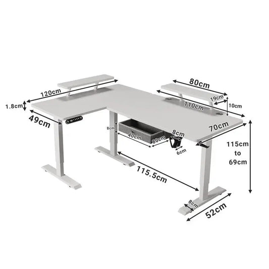 Elektrisch höhenverstellbarer L-Schreibtisch 160 × 120 cm – technische Maßskizze der L-Form