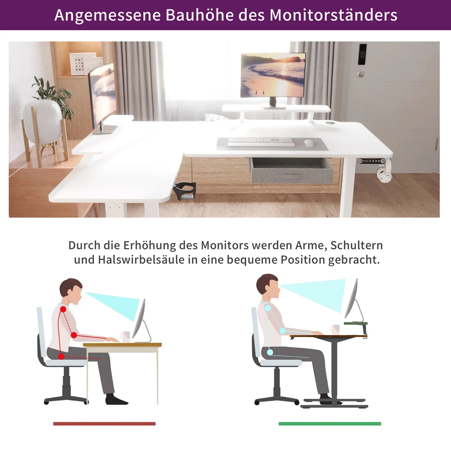 Elektrisch höhenverstellbarer L-Schreibtisch – Infografik zum Arbeiten im Sitzen und Stehen