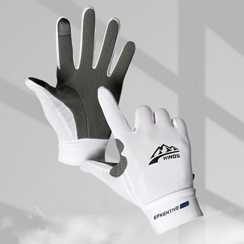Touchscreen Fahrradhandschuhe Vollfinger in Weiß mit atmungsaktivem Material und rutschfester Handfläche für MTB, Radfahren und Outdoor-Aktivitäten.