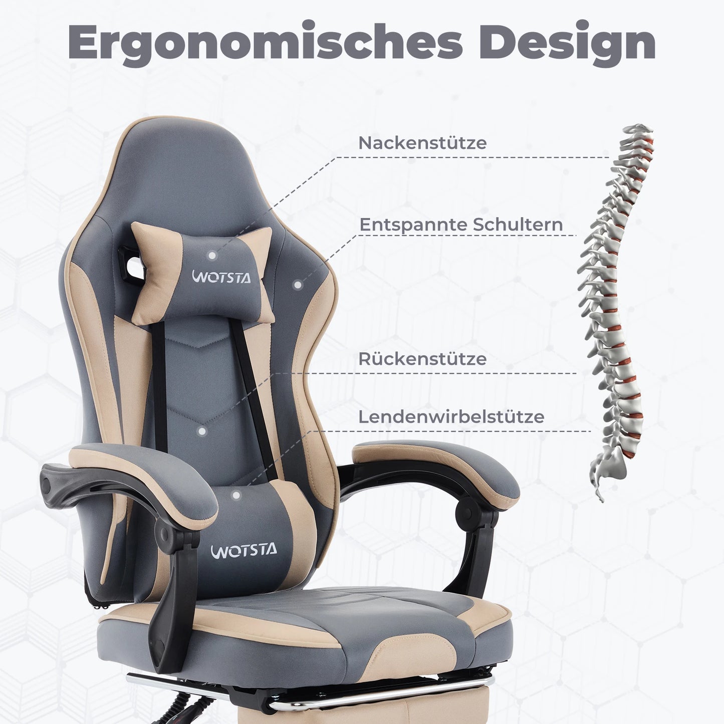 Ergonomischer Gaming Stuhl mit Fußstütze – Höhenverstellbarer Bürostuhl mit Lendenkissen & Kopfstütze