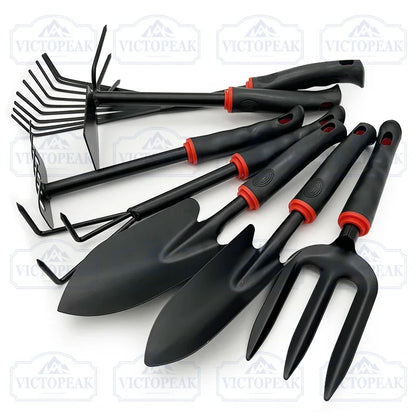 Gartenwerkzeug Set mit schwarzen Metallwerkzeugen und ergonomischen Griffen
