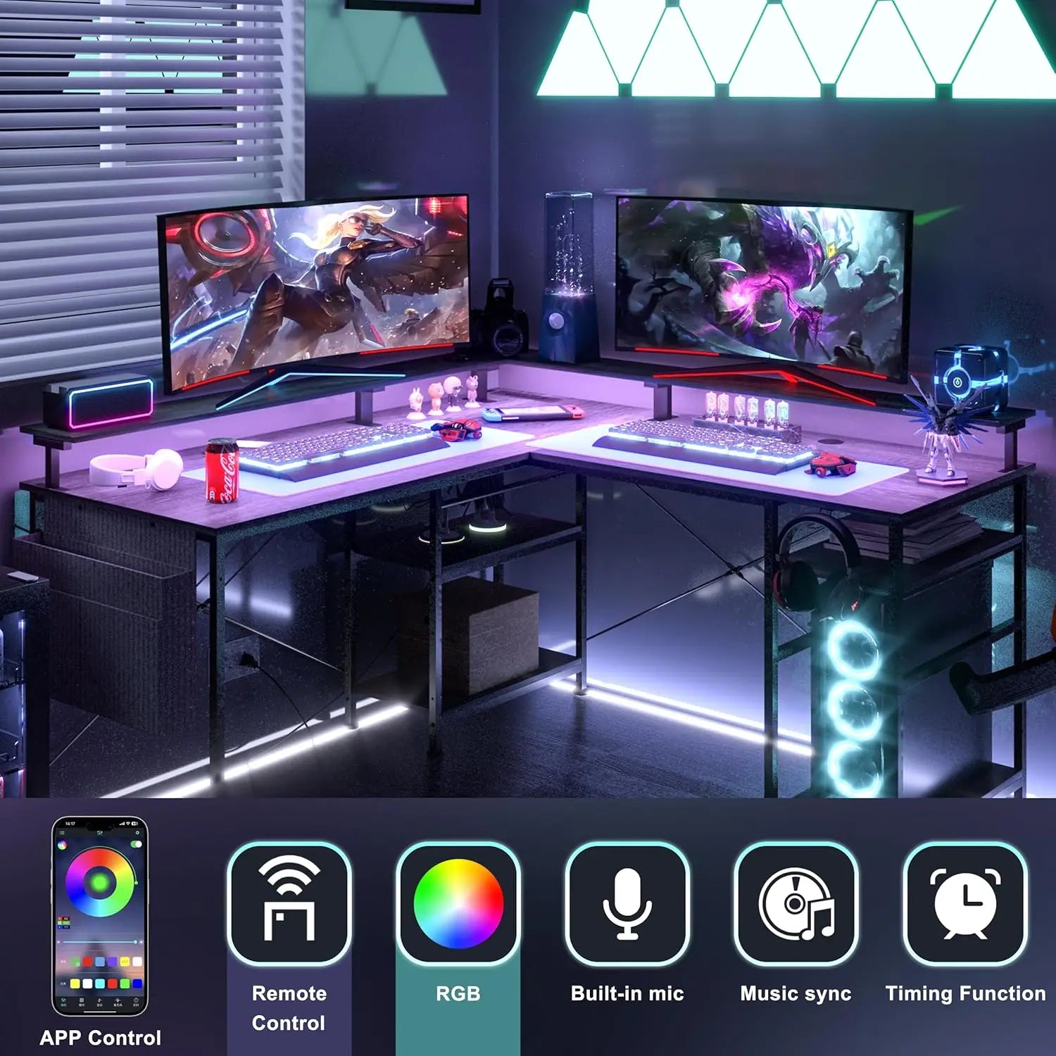 L-förmiger Gaming-Schreibtisch mit RGB-LED-Beleuchtung und App-Steuerung