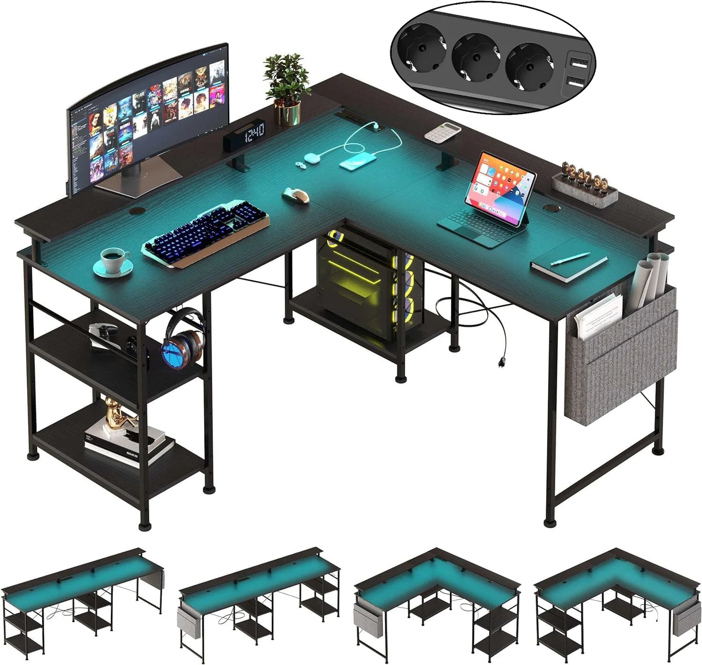 L-förmiger Gaming-Schreibtisch mit Monitoraufsatz, Regalen und Zubehör im Überblick