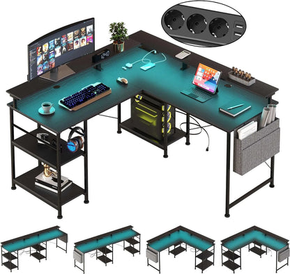 L-förmiger Gaming-Schreibtisch mit Monitoraufsatz, Regalen und Zubehör im Überblick