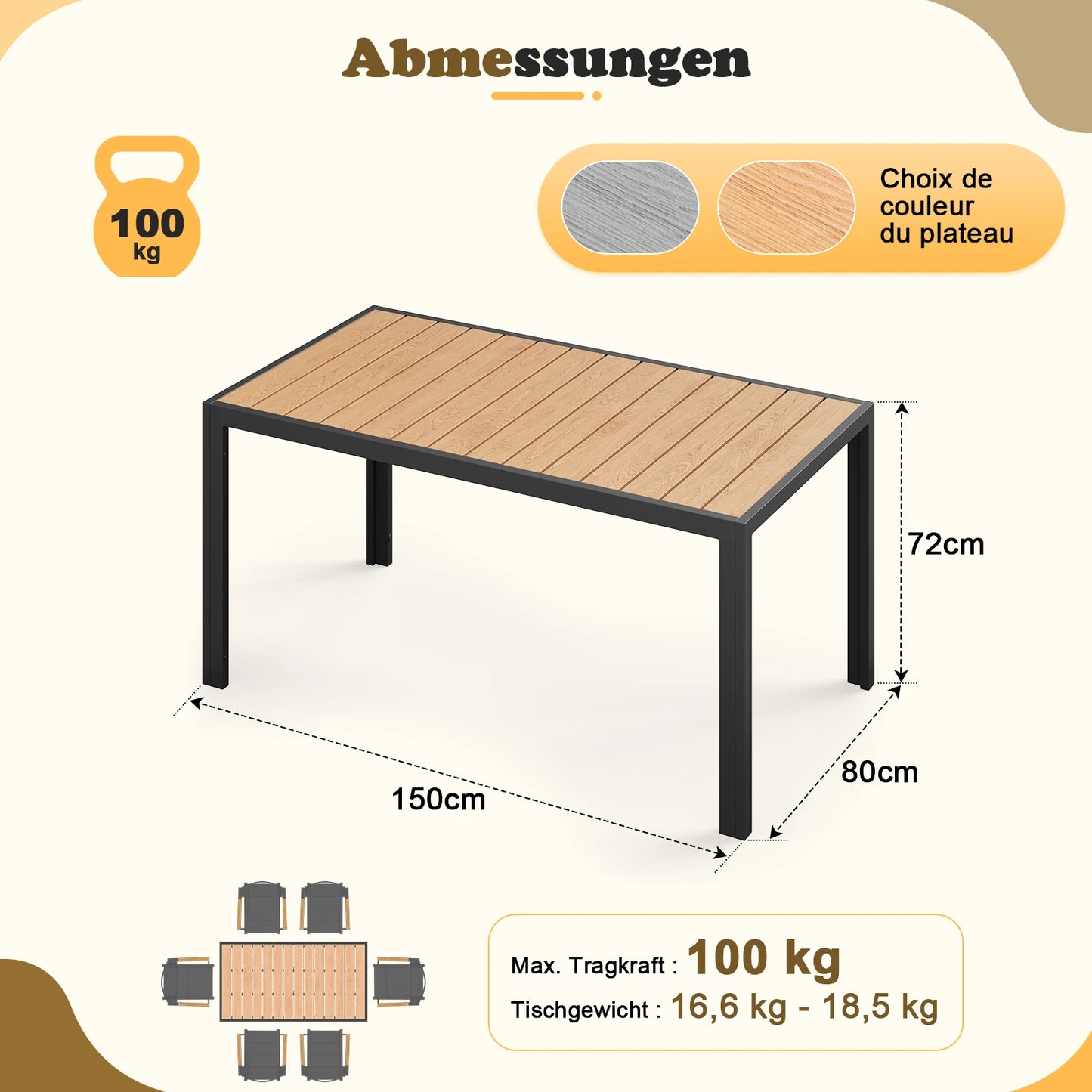 Aluminium Gartentisch wetterfest in moderner Holzoptik