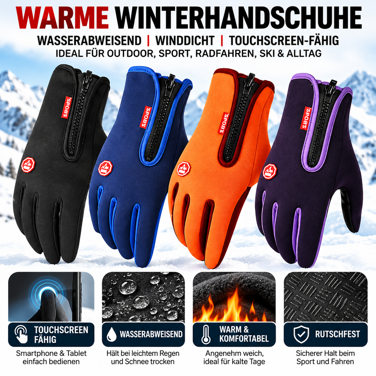 Winterhandschuhe Touchscreen in mehreren Farben mit wasserabweisender, warmer und rutschfester Ausstattung