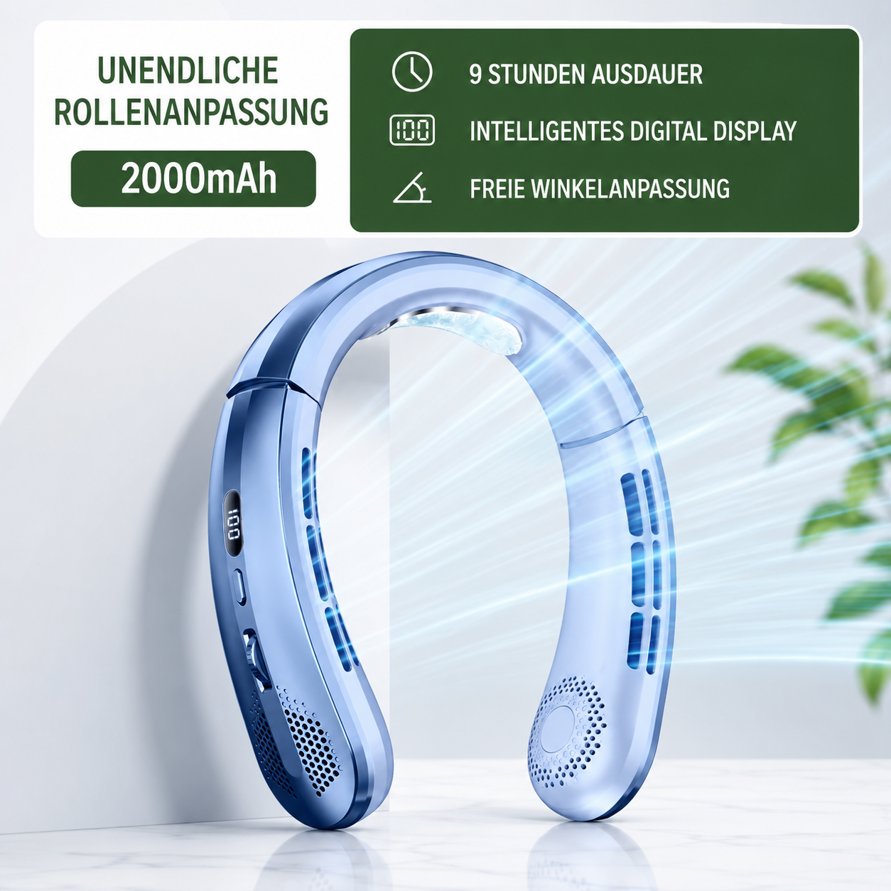 Tragbarer Nackenventilator in Blau für heiße Sommertage